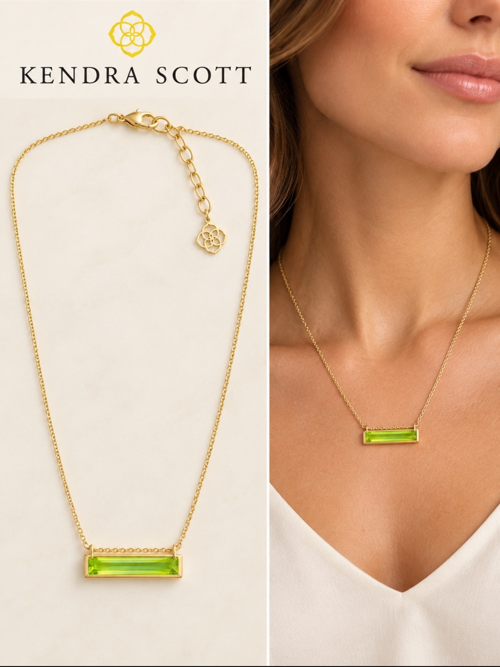Kendra Scott Gold Necklace with Neon Green Baguette Stone